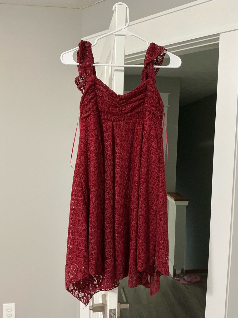Girls Burgundy Lace Mini Dress with Ruffled Straps